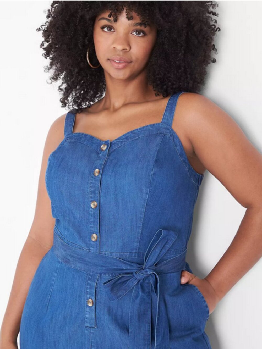 Sweetheart-Neck Chambray Crop Jumpsuit - Picture 3 of 3